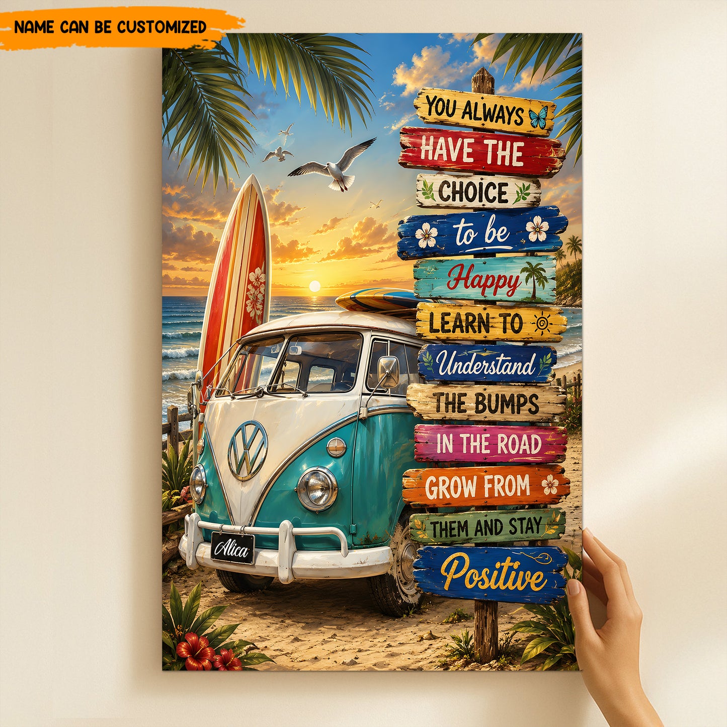 Positive Beach Hippie Van  – Personalized Poster Canvas