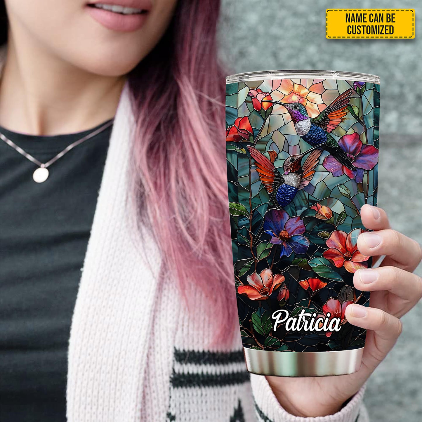 Personalized Stained Glass Hummingbird Flowers Tumbler