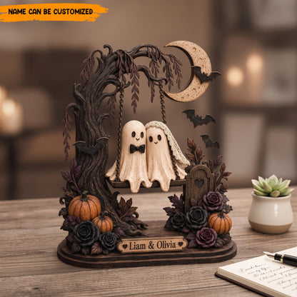 Personalized Halloween Ghost Couple Swing Wooden Block - Custom Name Romantic Halloween Keepsake Gift