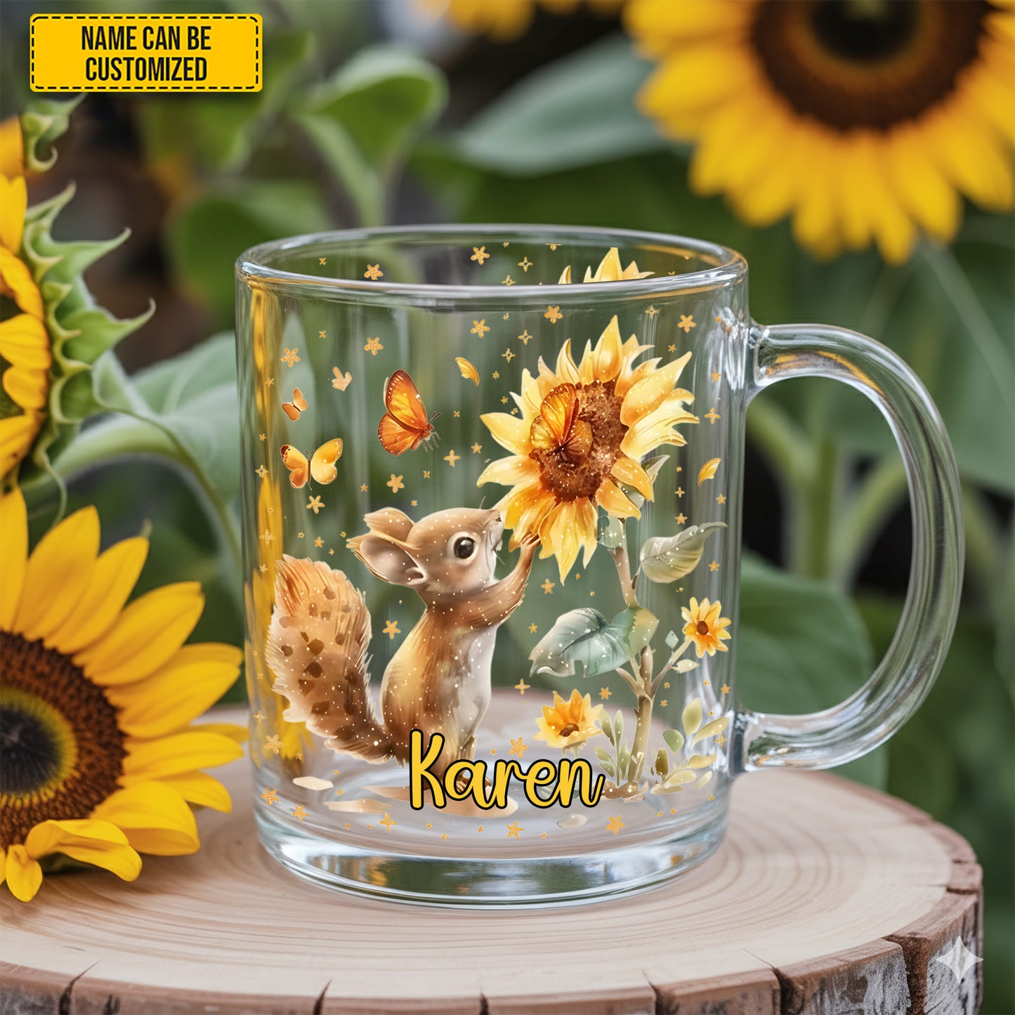 Personalized Sunflower Squirrel Glass Mug