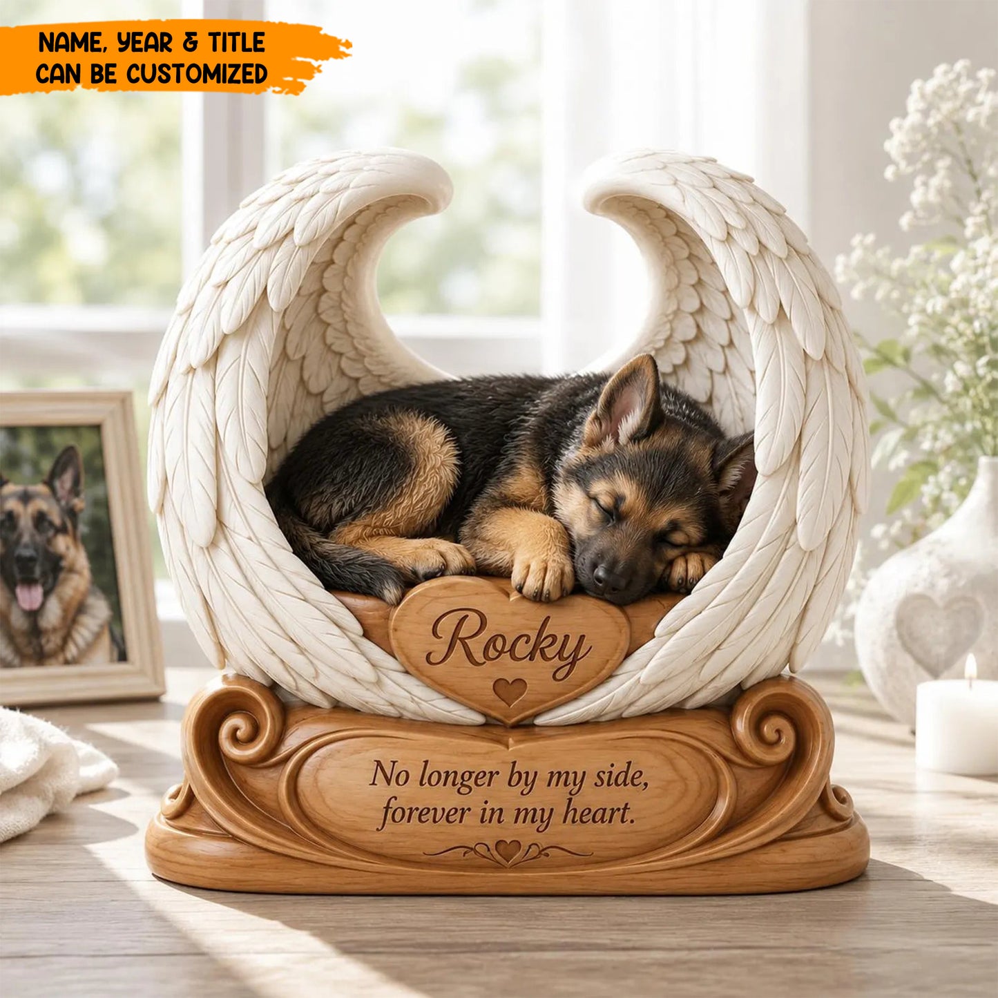 Personalized Pet Memorial Wooden Block, Custom Pet Photo Angel Wings Keepsake