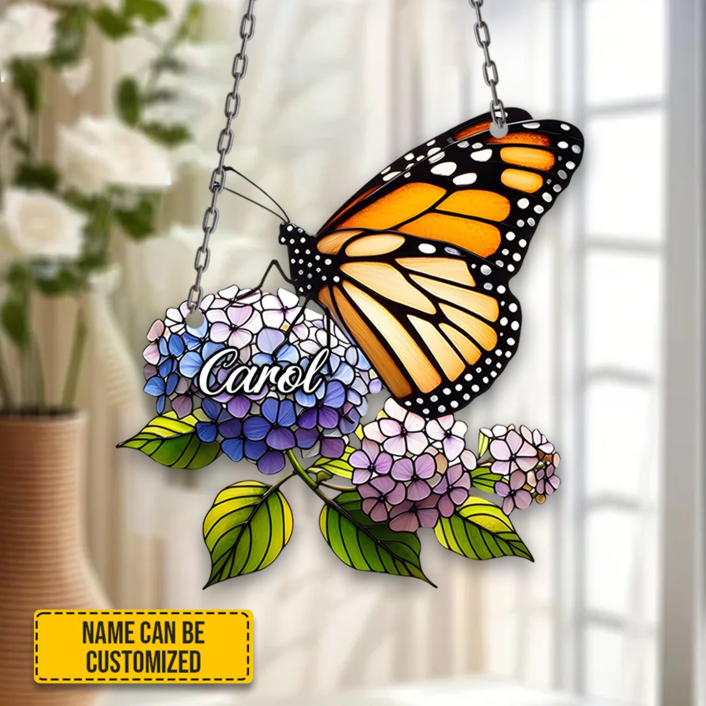 Personalized Monarch Butterfly Lavender Flowers Window Hanging Acrylic