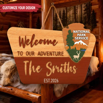 Personalized Welcome to Our Adventure Cabin Wood Sign