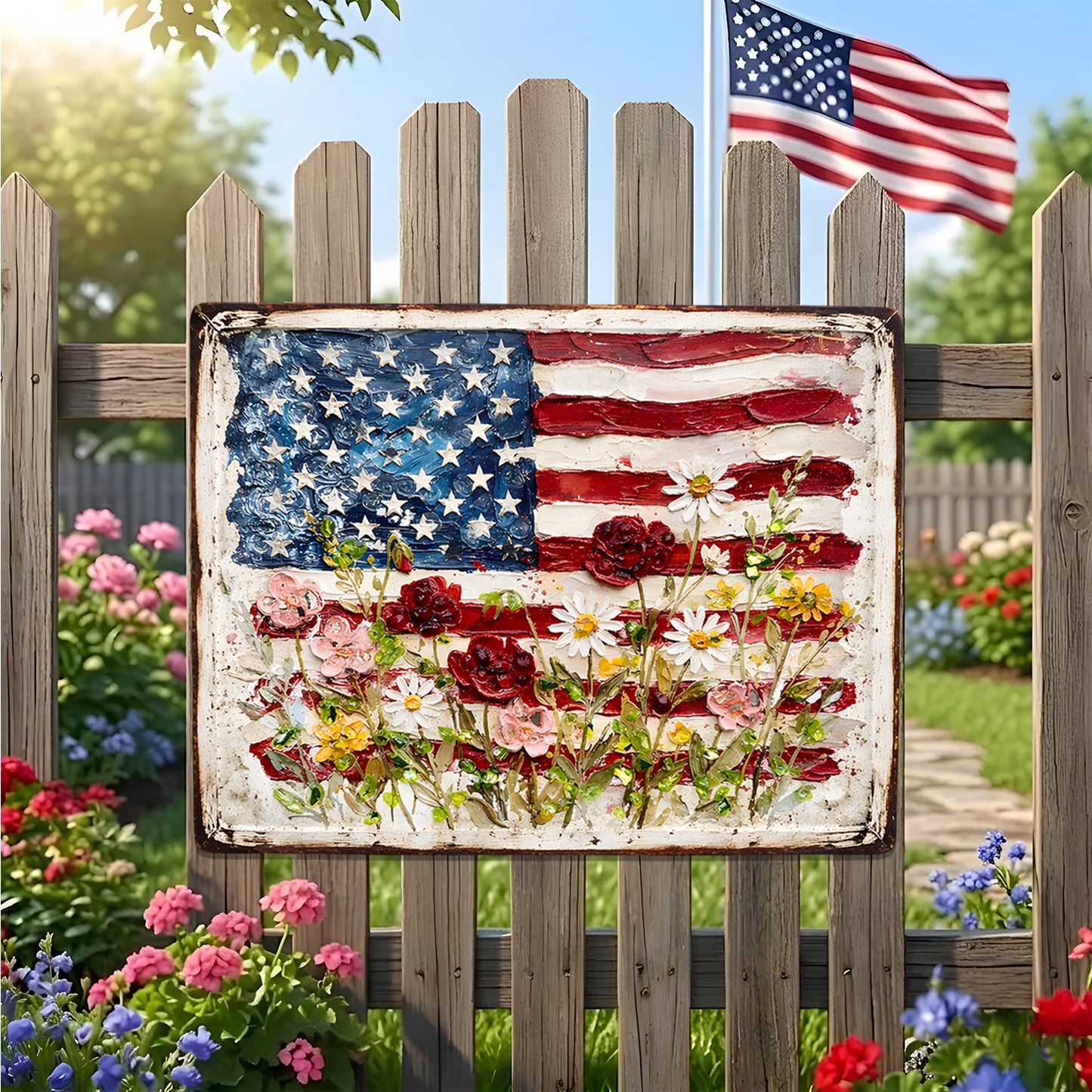 Patriotic Floral Metal Sign - Gift For Home Decor