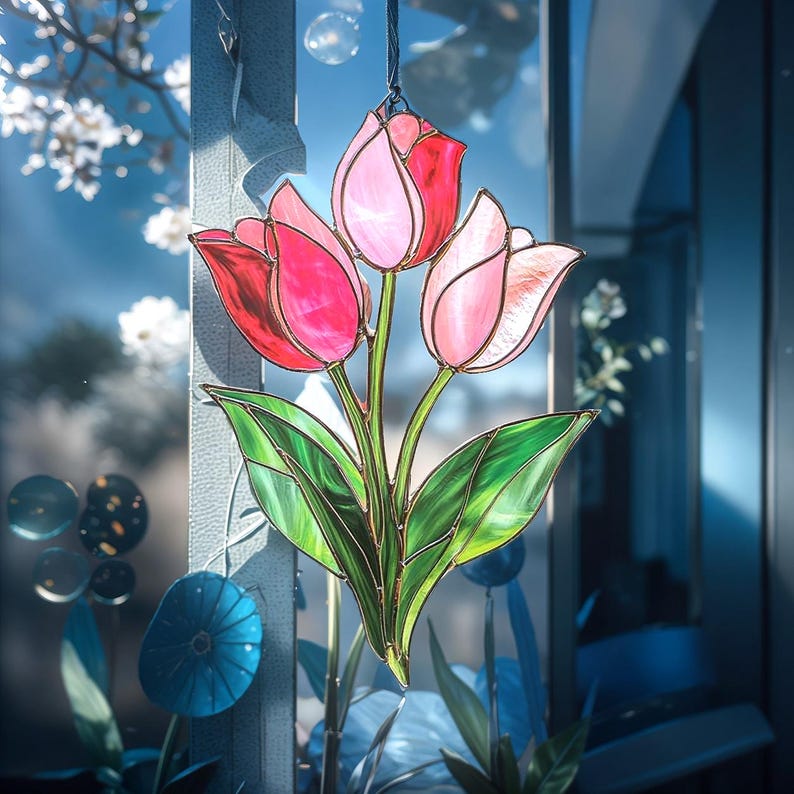 Pink Tulip Bouquet Suncatcher - Faux Stained Glass Window Hanging