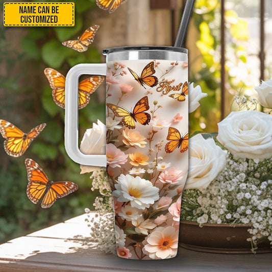 Flowers With Butterfly - Personalized Tumbler With Handle 40oz