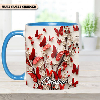 Red White Butterfly Flowers Accent Mug - Personalized  Accent Mug
