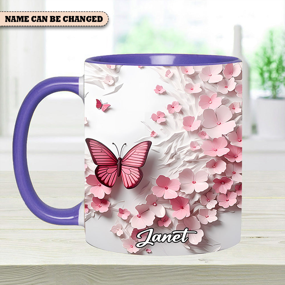Pink Butterfly With Flowers - Personalized Butterfly Accent Mug