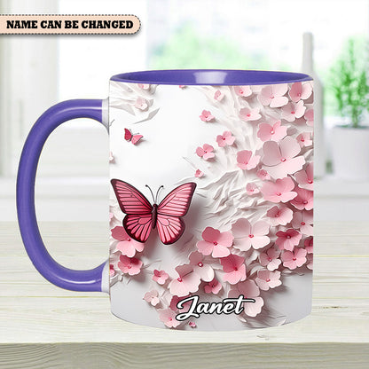 Pink Butterfly With Flowers - Personalized Butterfly Accent Mug
