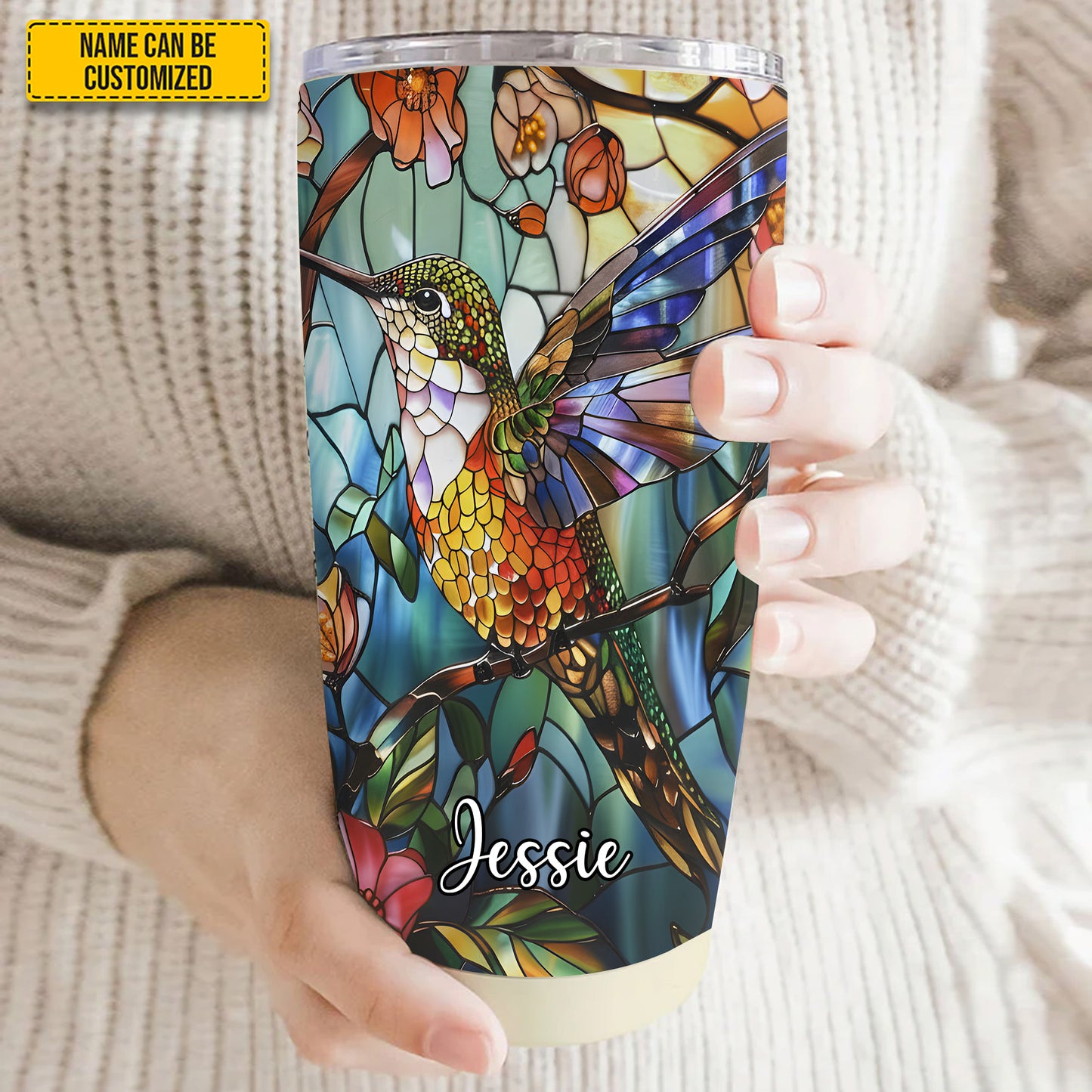 Personalized Stained Glass Hummingbird Flower Tumbler
