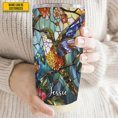 Personalized Stained Glass Hummingbird Flower Tumbler