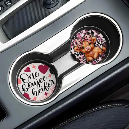 One Boujee Heifer Pink Highland Cow Car Coaster