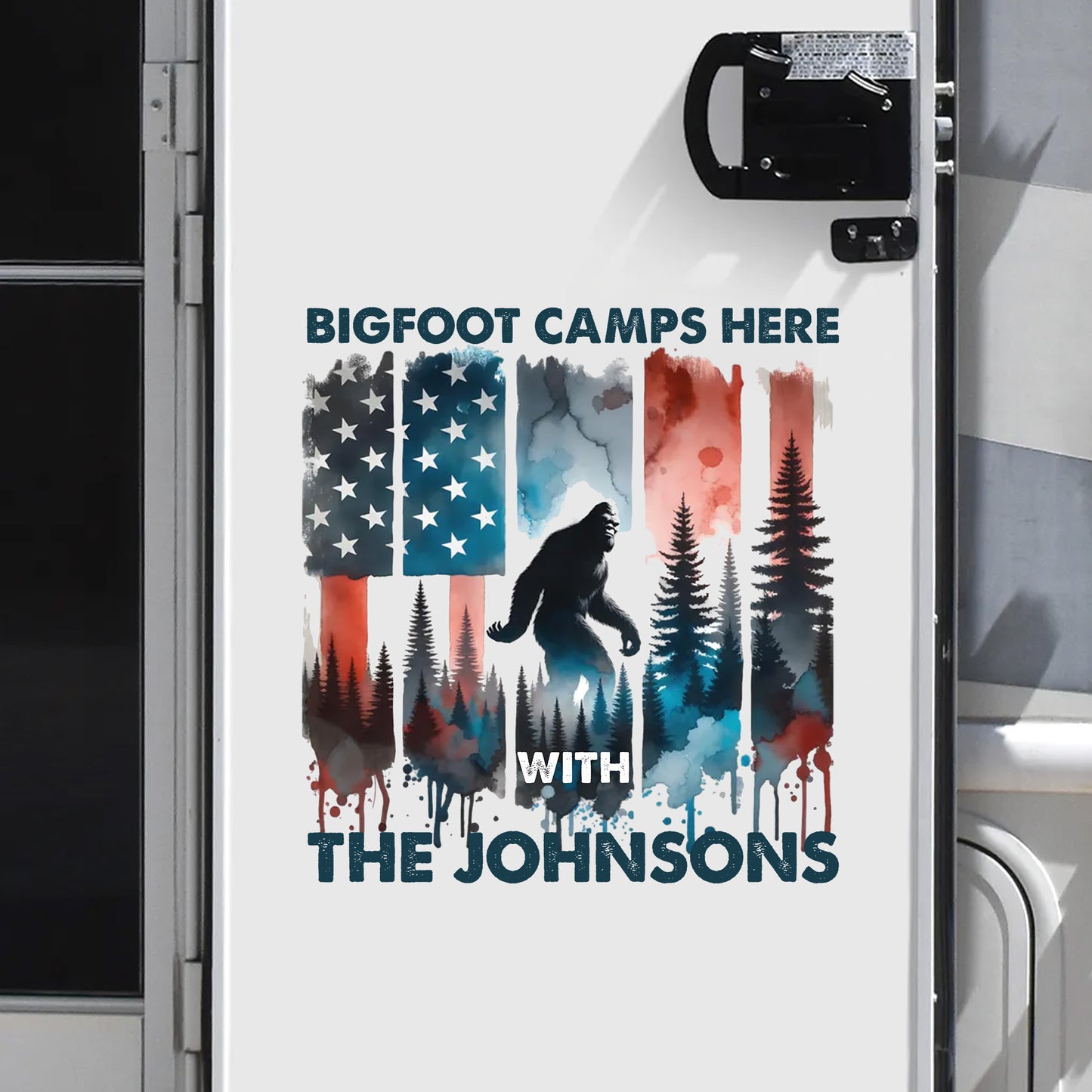 American Sasquatch Bigfoot Camps Here - Personalized Family Name Decor Decal