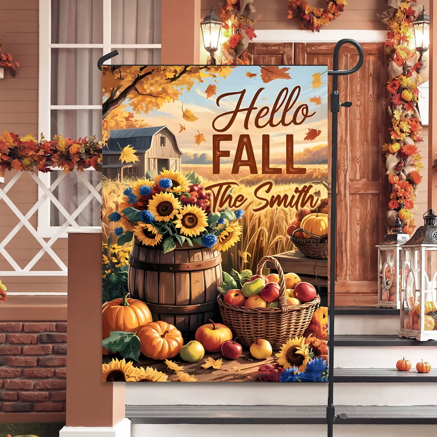 Hello Fall Autumnal Scene with Pumpkins - Perfect for Outdoor Decor, Garden Flag, House Flag