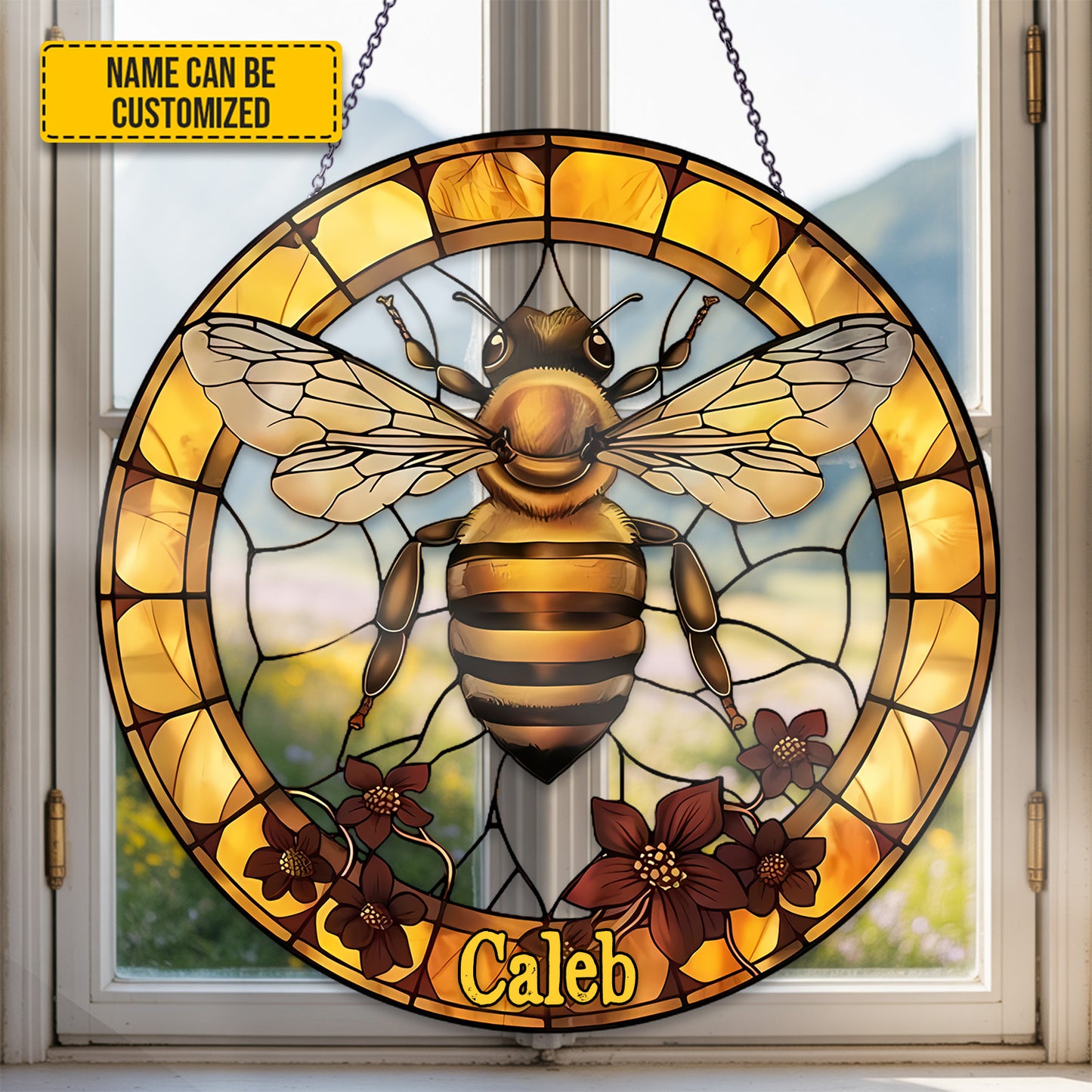 Personalized Golden Honeybee Stained Glass Suncatcher