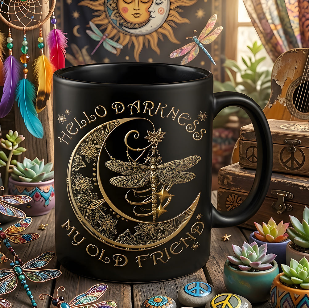 Hippie Dragonfly Crescent Moon Ceramic Black Mug