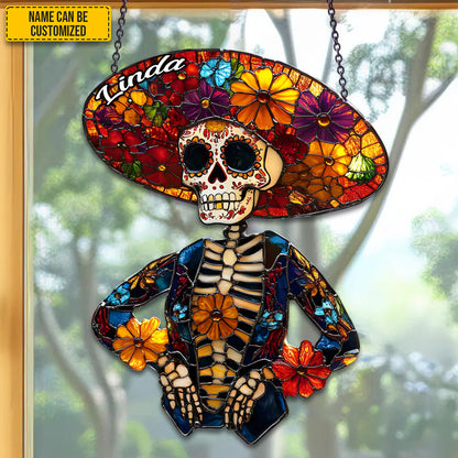 Day of the Dead - Personalized Stained Glass Skeleton Suncatcher
