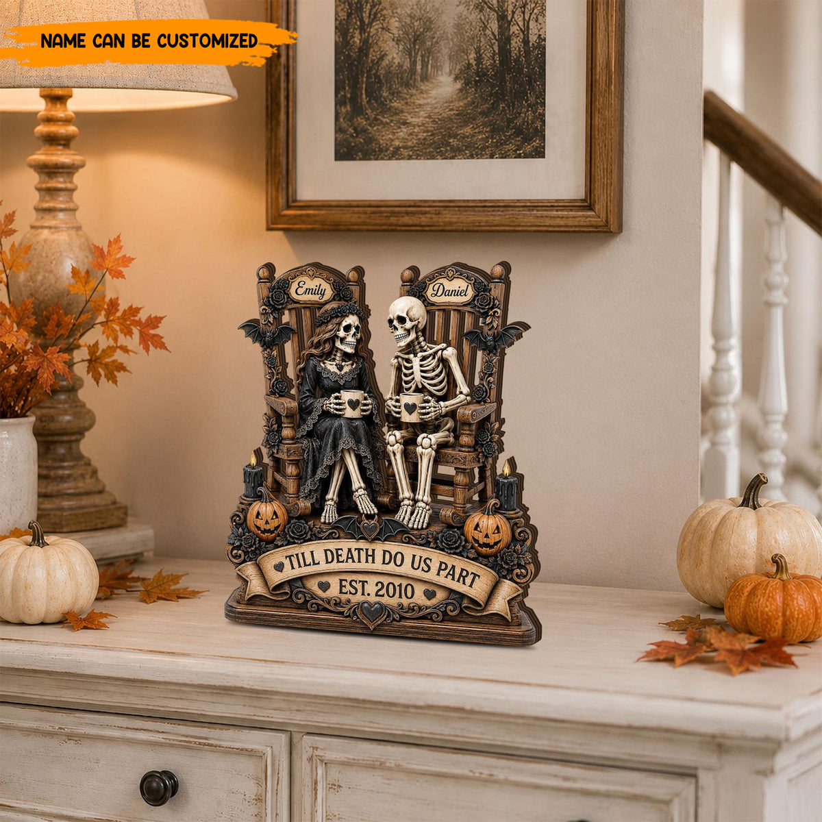 Personalized Skeleton Couple Wooden Block, Custom Gothic Wedding & Halloween Gift