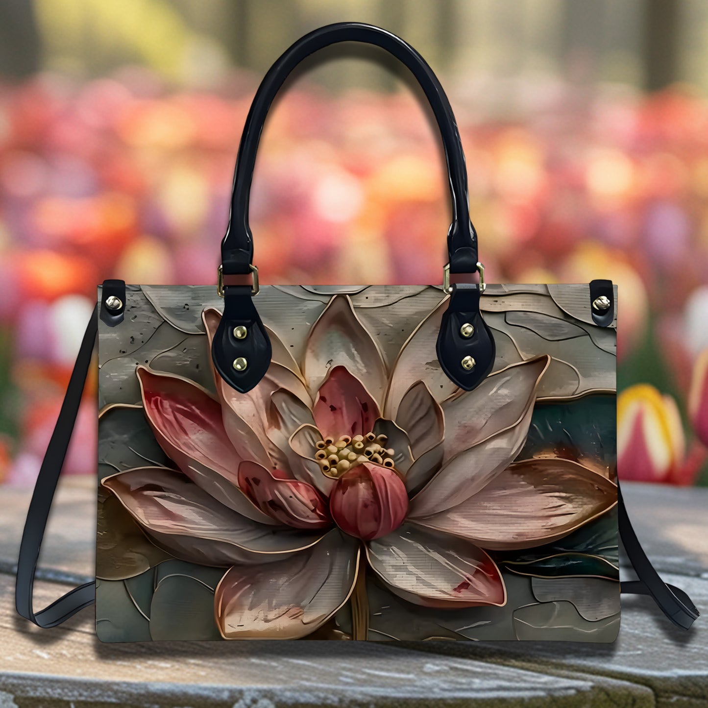 Personalized Lotus Flower Leather Handbag