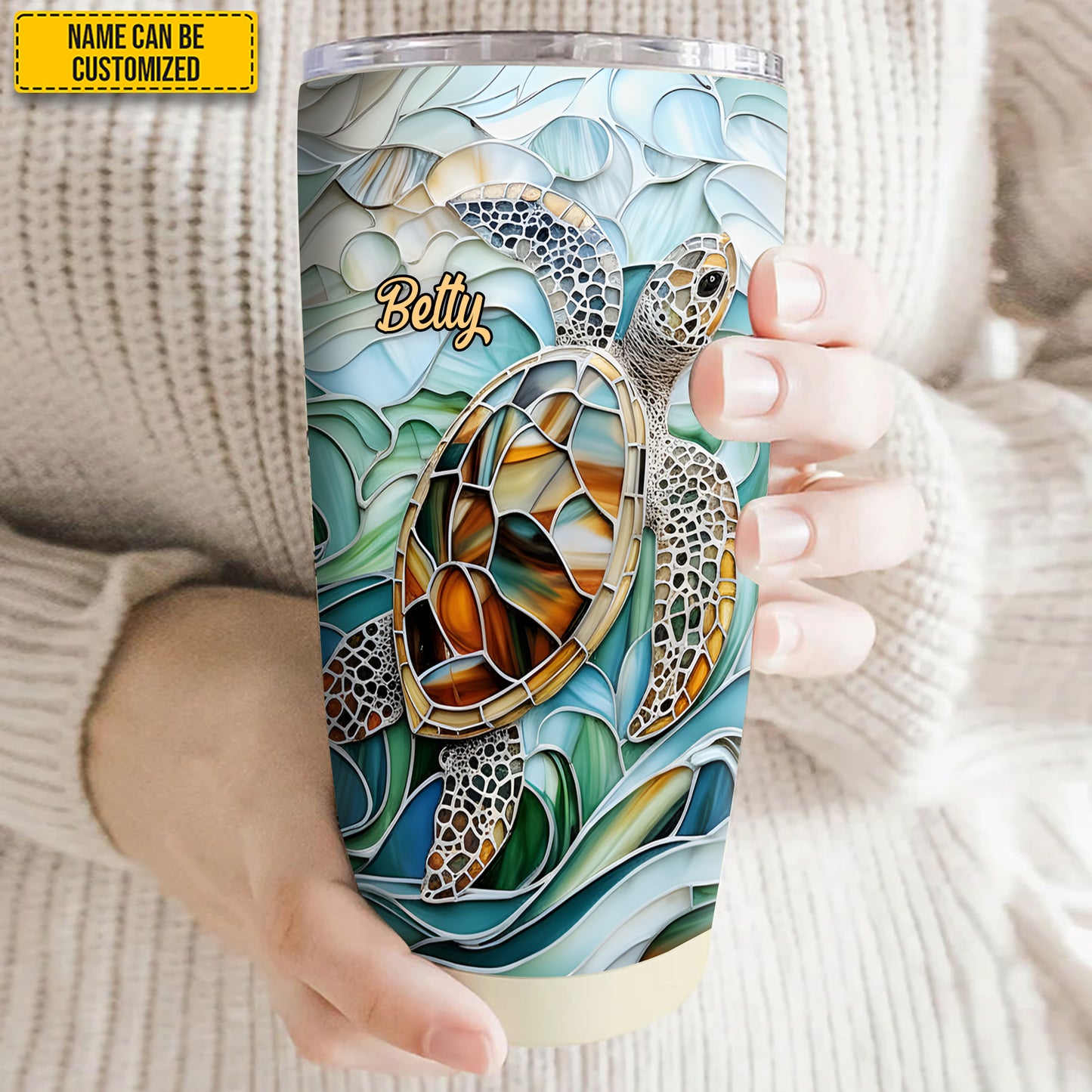 Turtle & Ocean Stained Glass - Personalized Turtle Tumbler