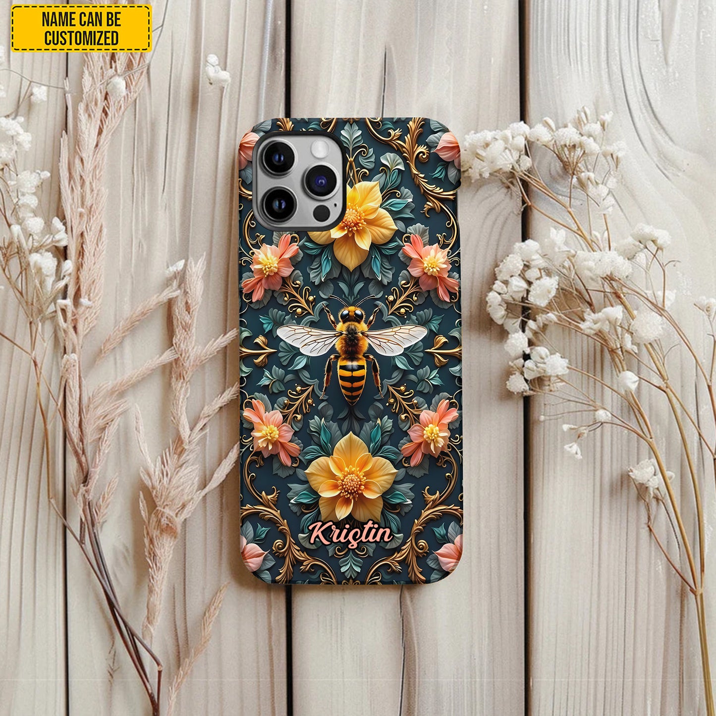 Personalized Bee & Floral Art Phone Case
