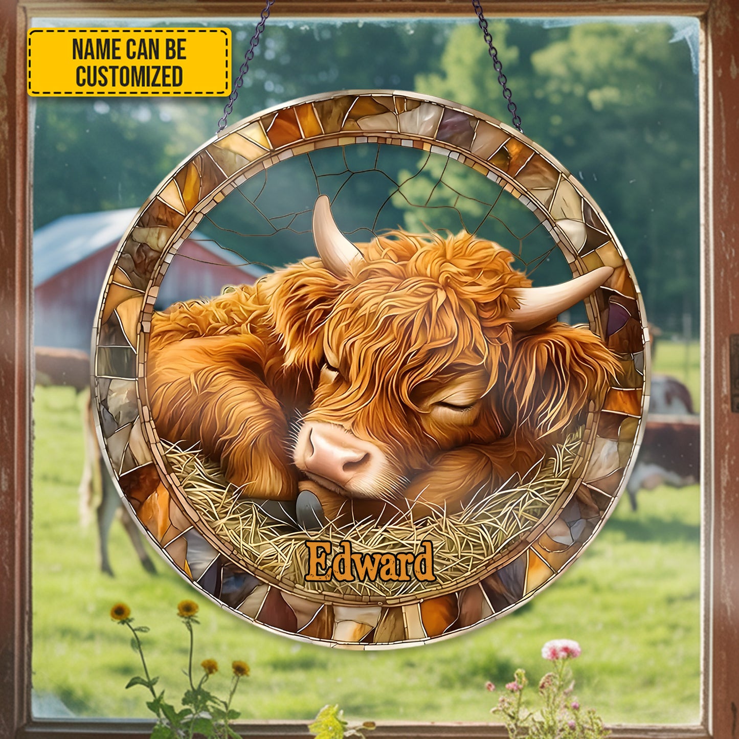 Personalized Sleeping Highland Cow Stained Glass Suncatcher