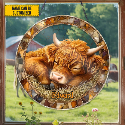 Personalized Sleeping Highland Cow Stained Glass Suncatcher