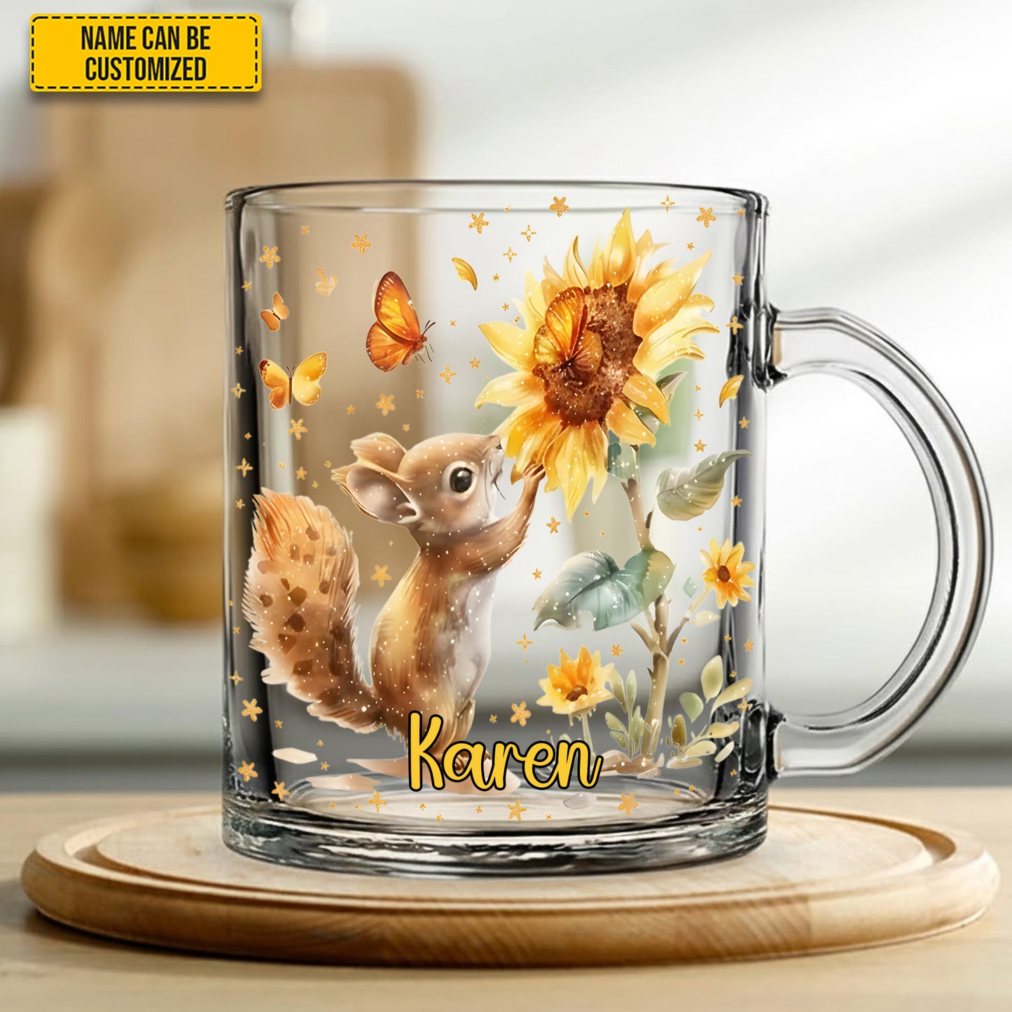 Personalized Sunflower Squirrel Glass Mug