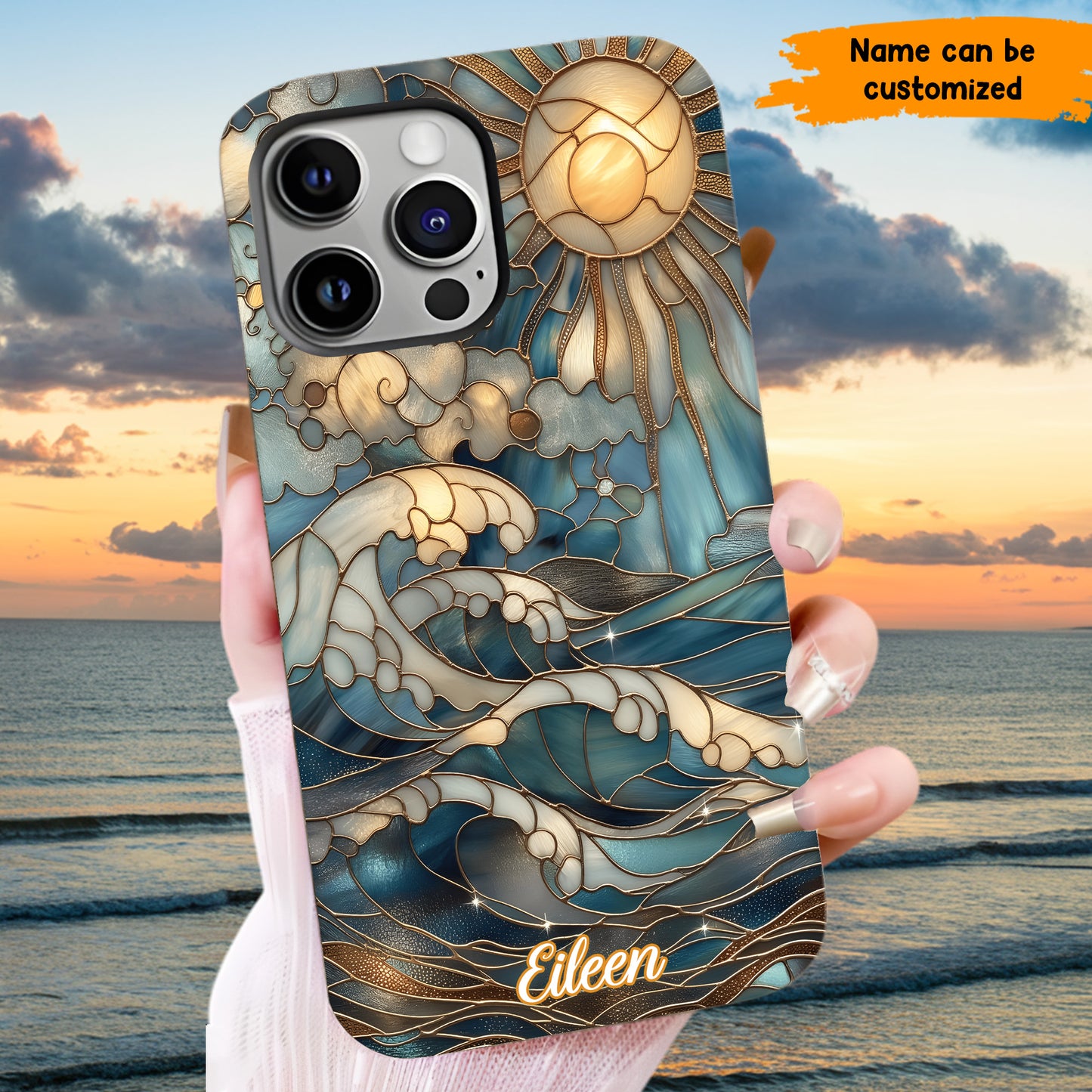 Personalized Ocean Waves & Sun Phone Case – Stained Glass Style