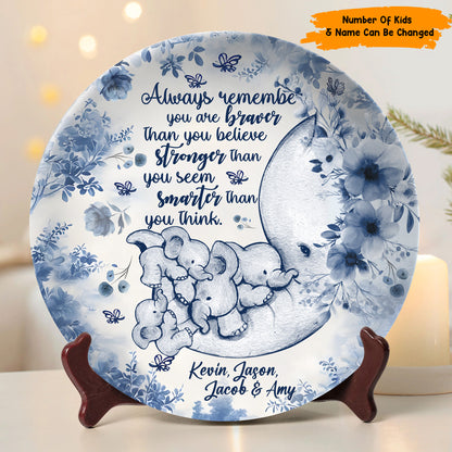 All Way Remember You Are Braver - Personalized Mother Elephant Ceramic Round Plate