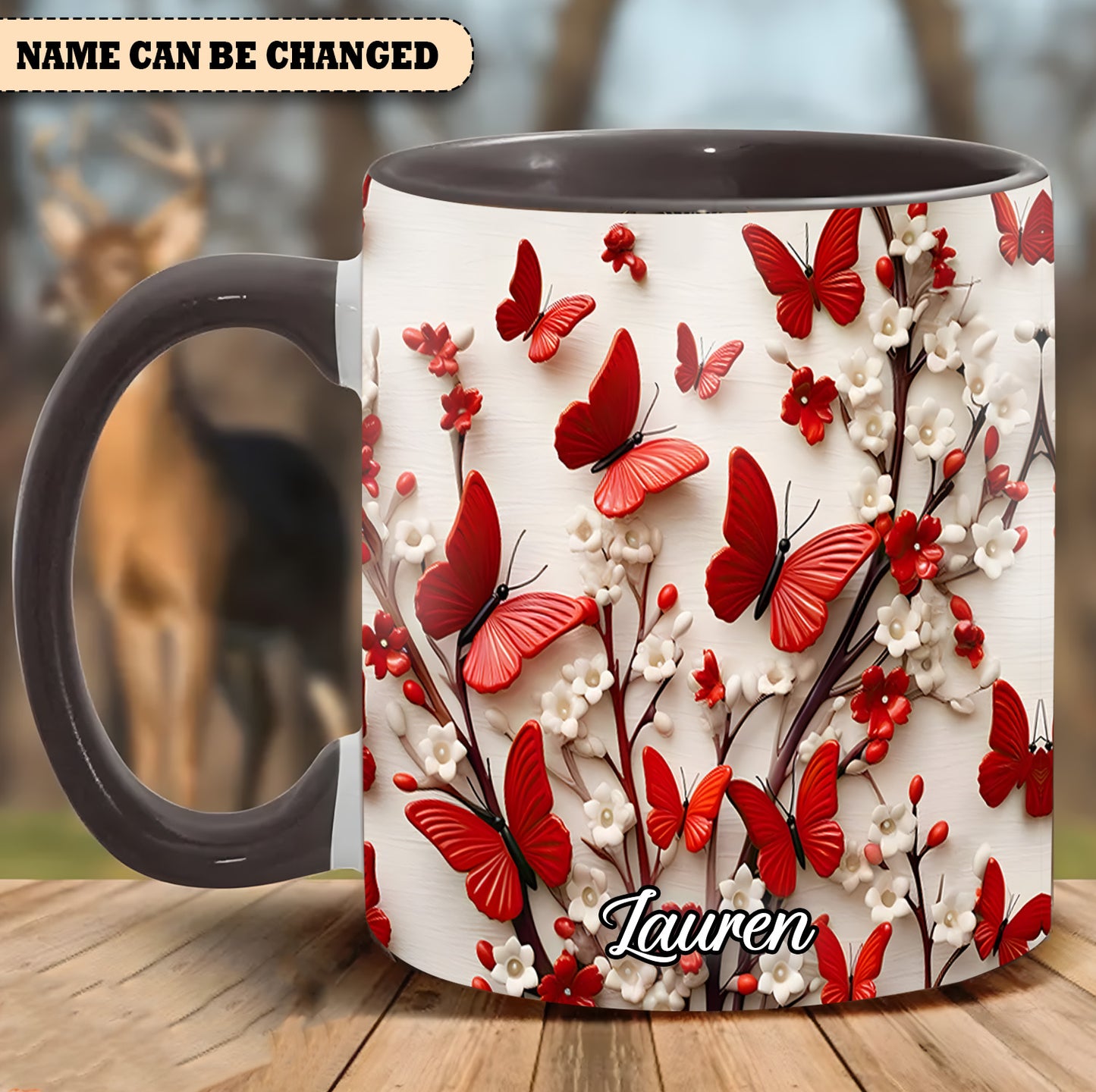 Red White Butterfly Flowers Accent Mug - Personalized  Accent Mug