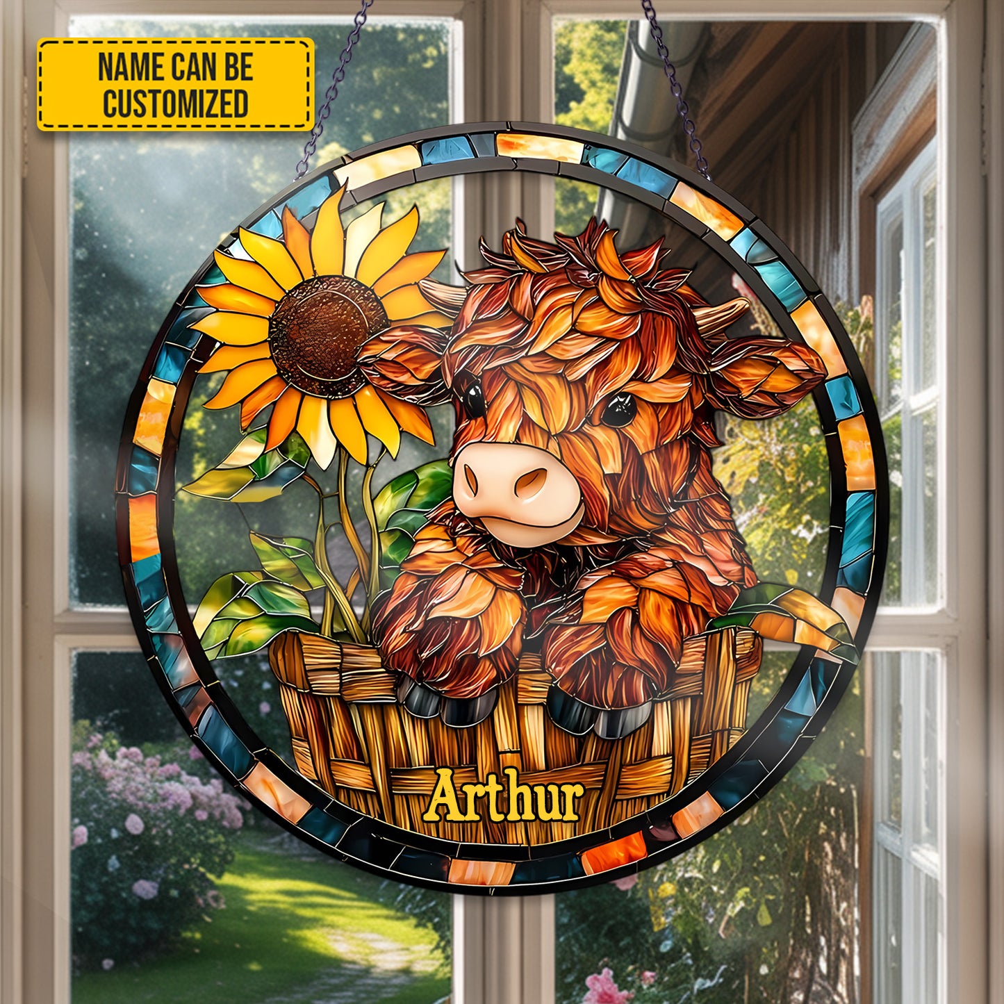 Personalized Highland Cow With Sunflower Stained Glass Suncatcher