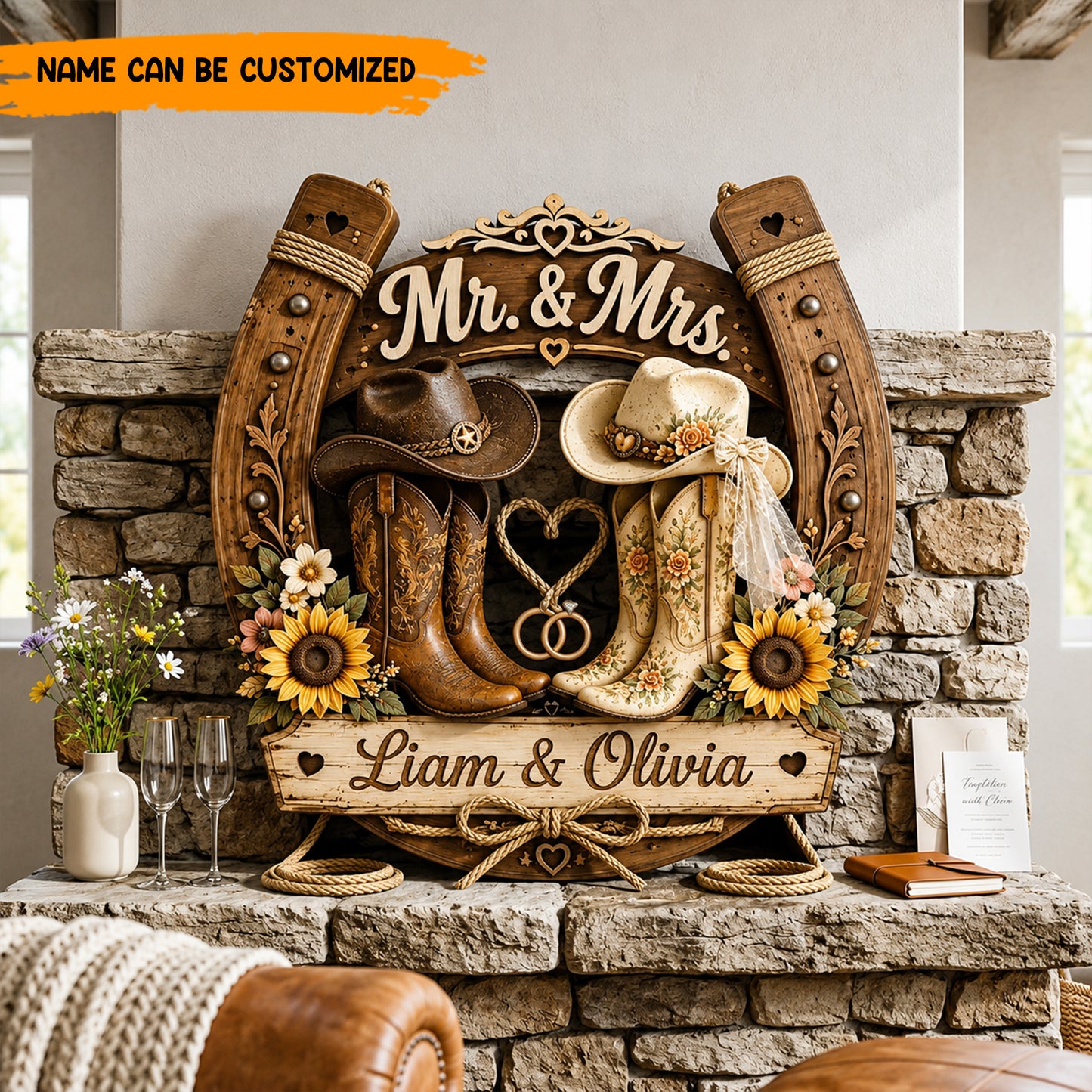 Personalized Cowboy & Cowgirl Wedding Wooden Sign, Custom Horseshoe Name Sign, Rustic Western Couples Gift