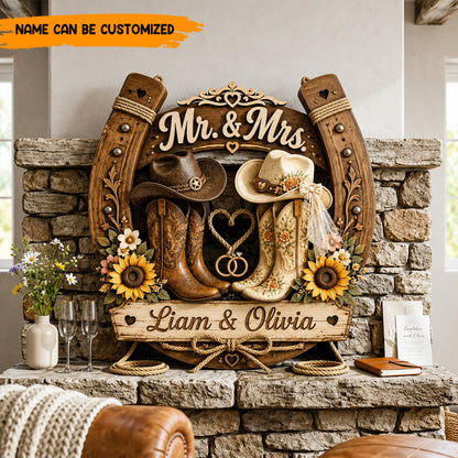 Personalized Cowboy & Cowgirl Wedding Wooden Sign, Custom Horseshoe Name Sign, Rustic Western Couples Gift