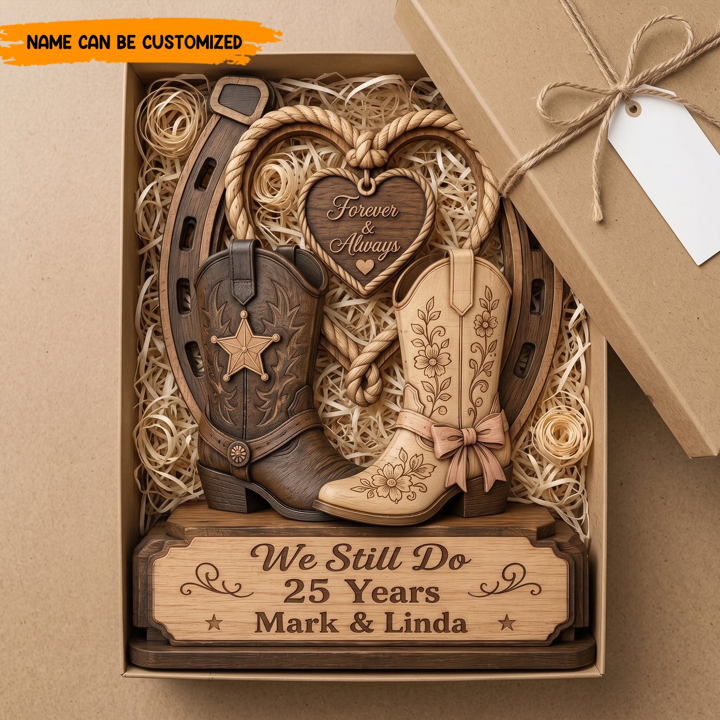 Personalized Western Cowboy Boots & Horseshoe Wooden Block - Forever & Always Anniversary Gift