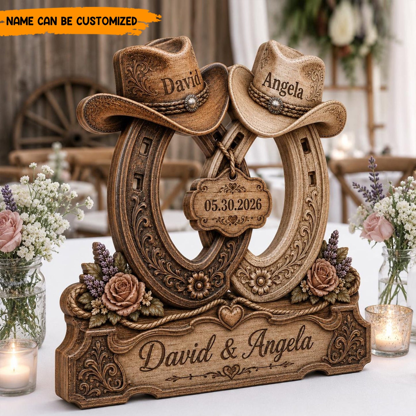 Personalized Western Wedding Horseshoe Wooden Block Sign - Cowboy & Cowgirl Couple Decor