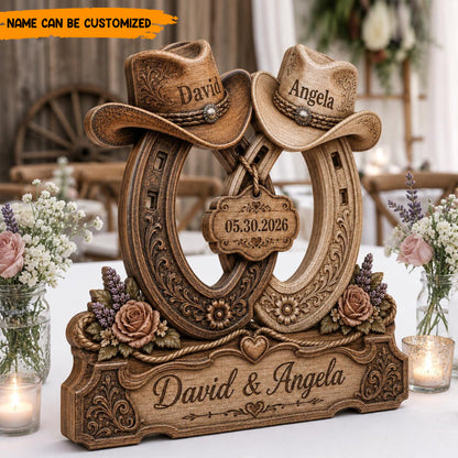 Personalized Western Wedding Horseshoe Wooden Block Sign - Cowboy & Cowgirl Couple Decor