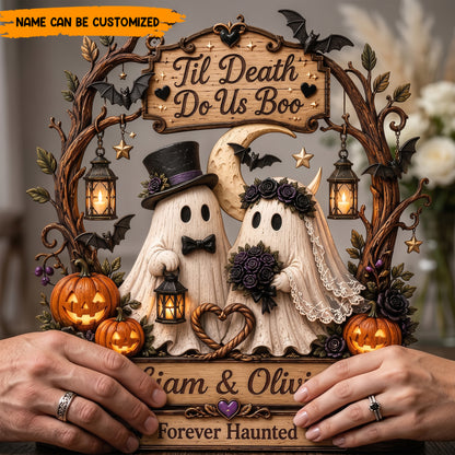 Til Death Do Us Boo Personalized Wooden Block Sign, Cute Ghost Couple Halloween Wedding Plaque
