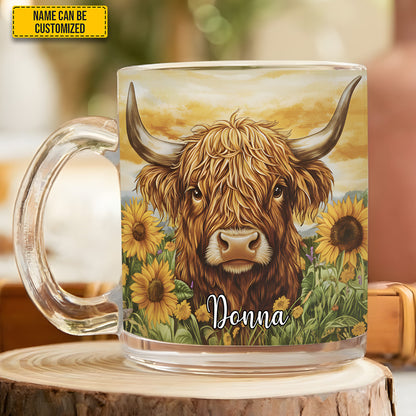 Cow With Sunflowers  - Personalized Cow Glass Mug