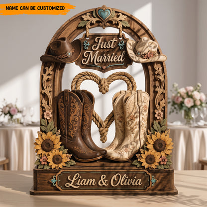 Personalized "Just Married" Country Wedding Wooden Sign - Cowboy Boot Wooden Block