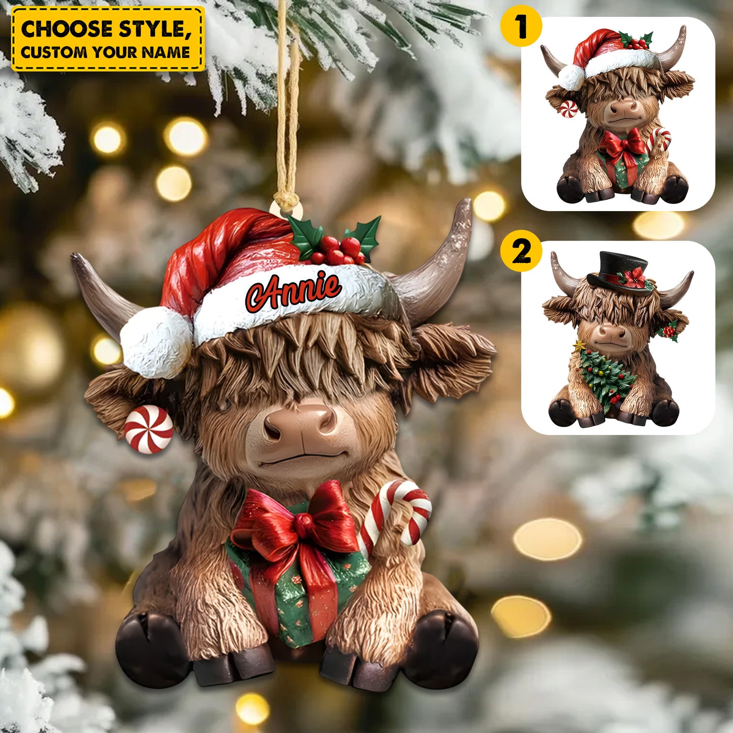 Cute Christmas Highland Cow - Personalized Highland Cow Ornament