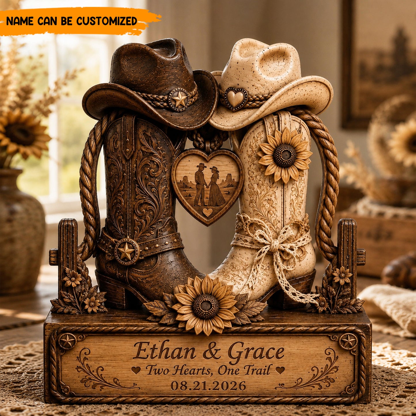 Custom Western Cowboy Boots Wooden Block Plaque – Two Hearts, One Trail