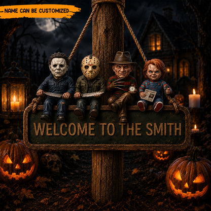 Personalized Horror Icons Welcome Wooden Sign