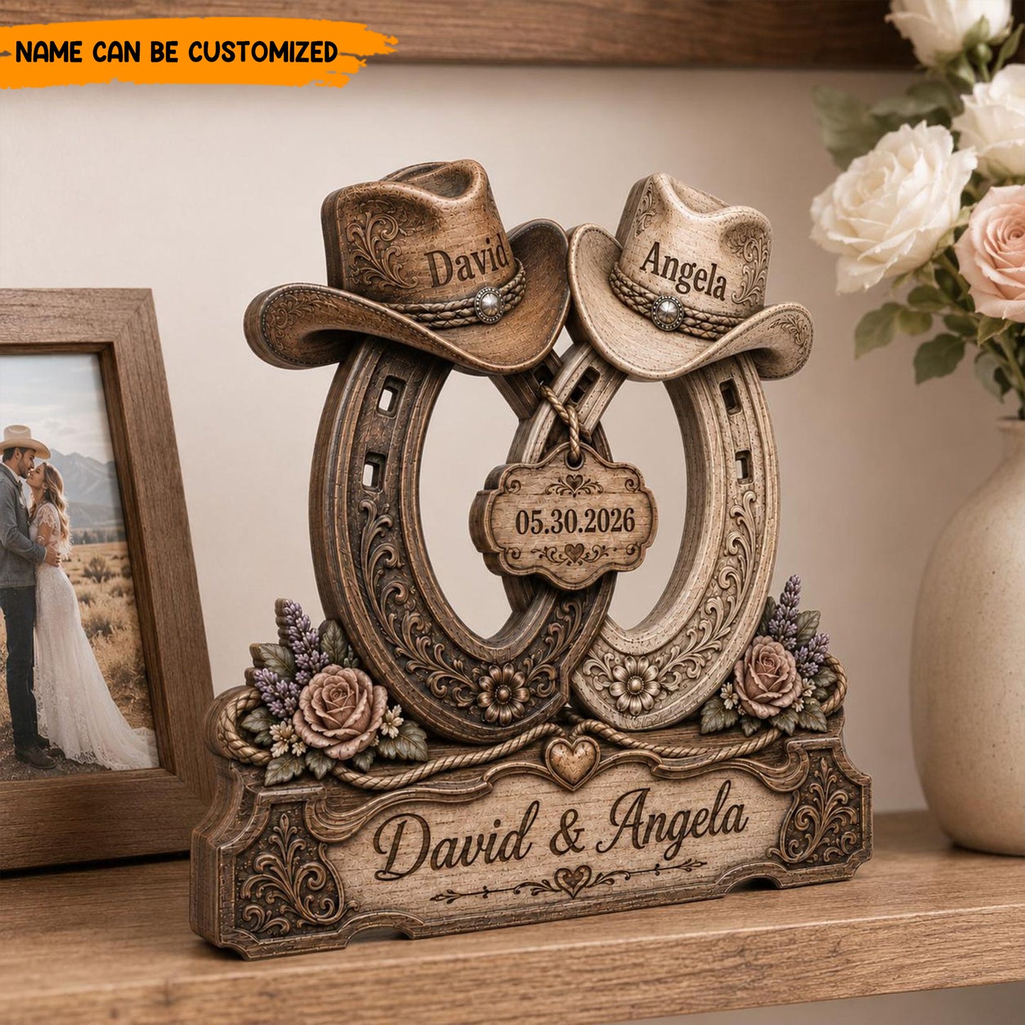 Personalized Western Wedding Horseshoe Wooden Block Sign - Cowboy & Cowgirl Couple Decor