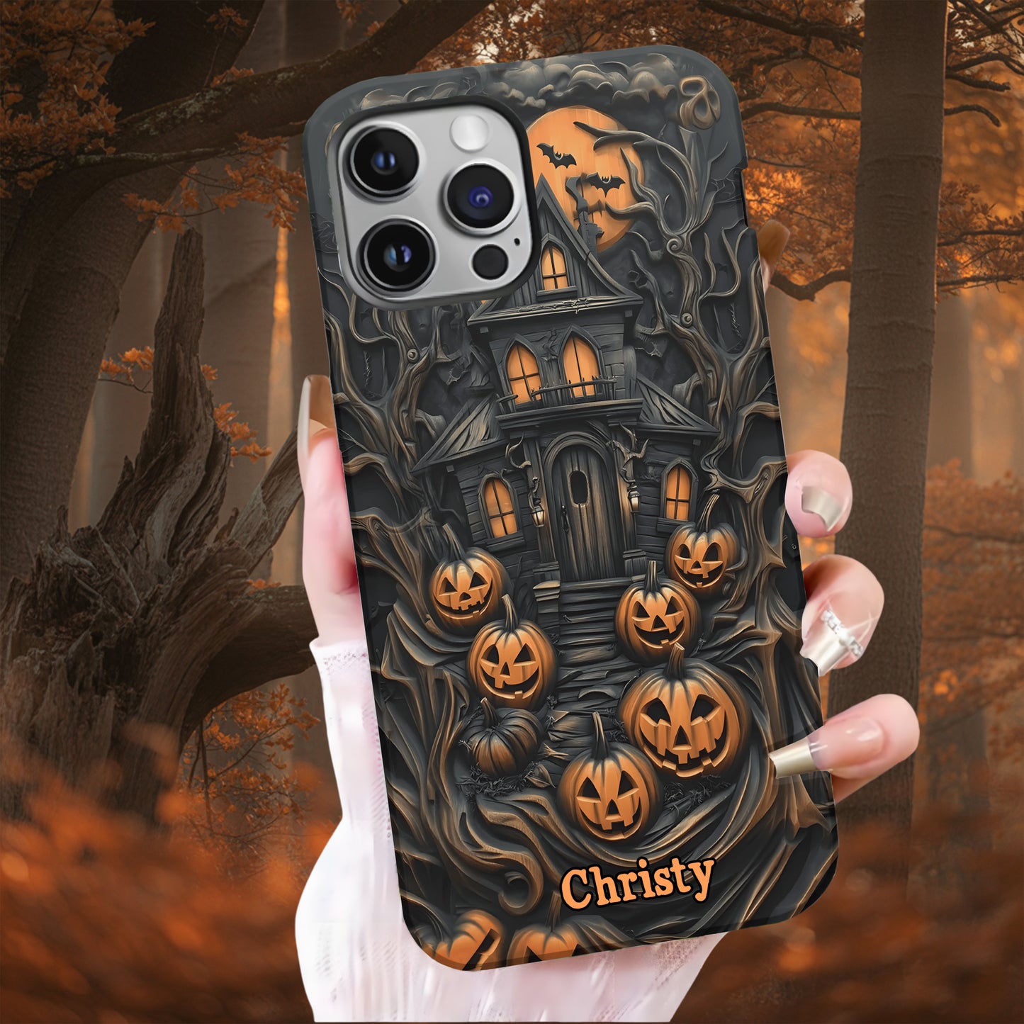 Personalized Haunted House & Pumpkins Halloween Phone Case