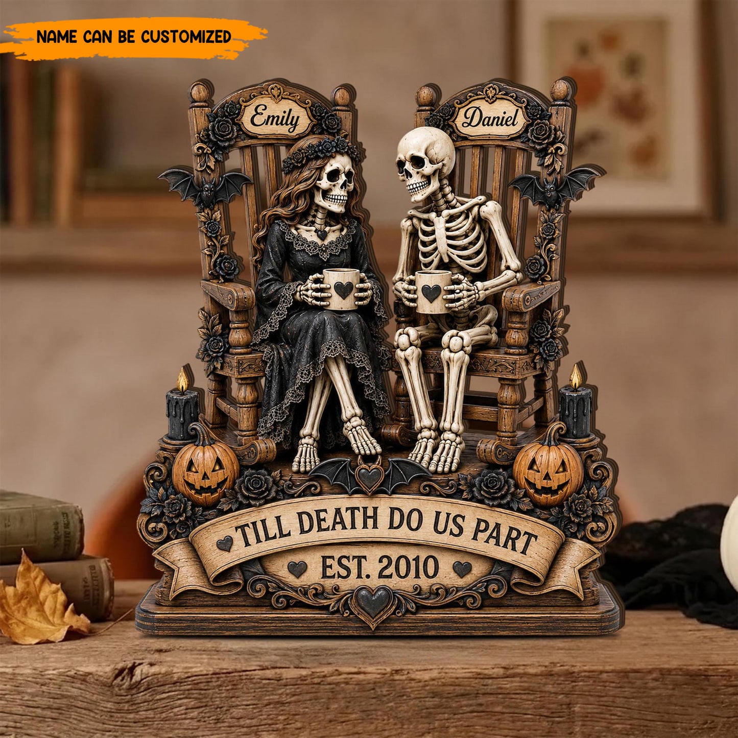 Personalized Skeleton Couple Wooden Block, Custom Gothic Wedding & Halloween Gift