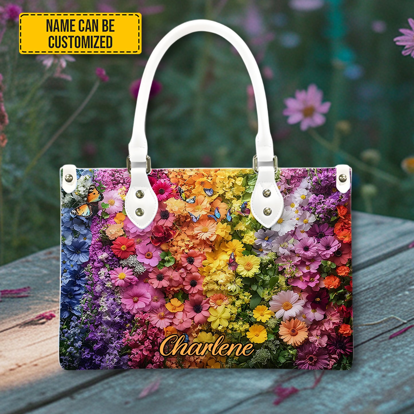 Personalized Rainbow Floral Leather Handbag