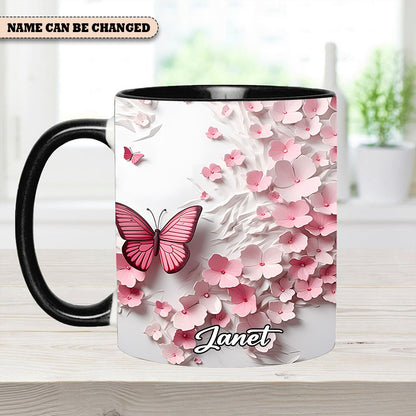 Pink Butterfly With Flowers - Personalized Butterfly Accent Mug