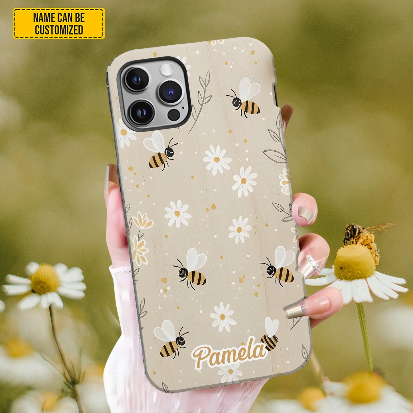 Beige Bee and Daisy Floral - Personalized Phone Case