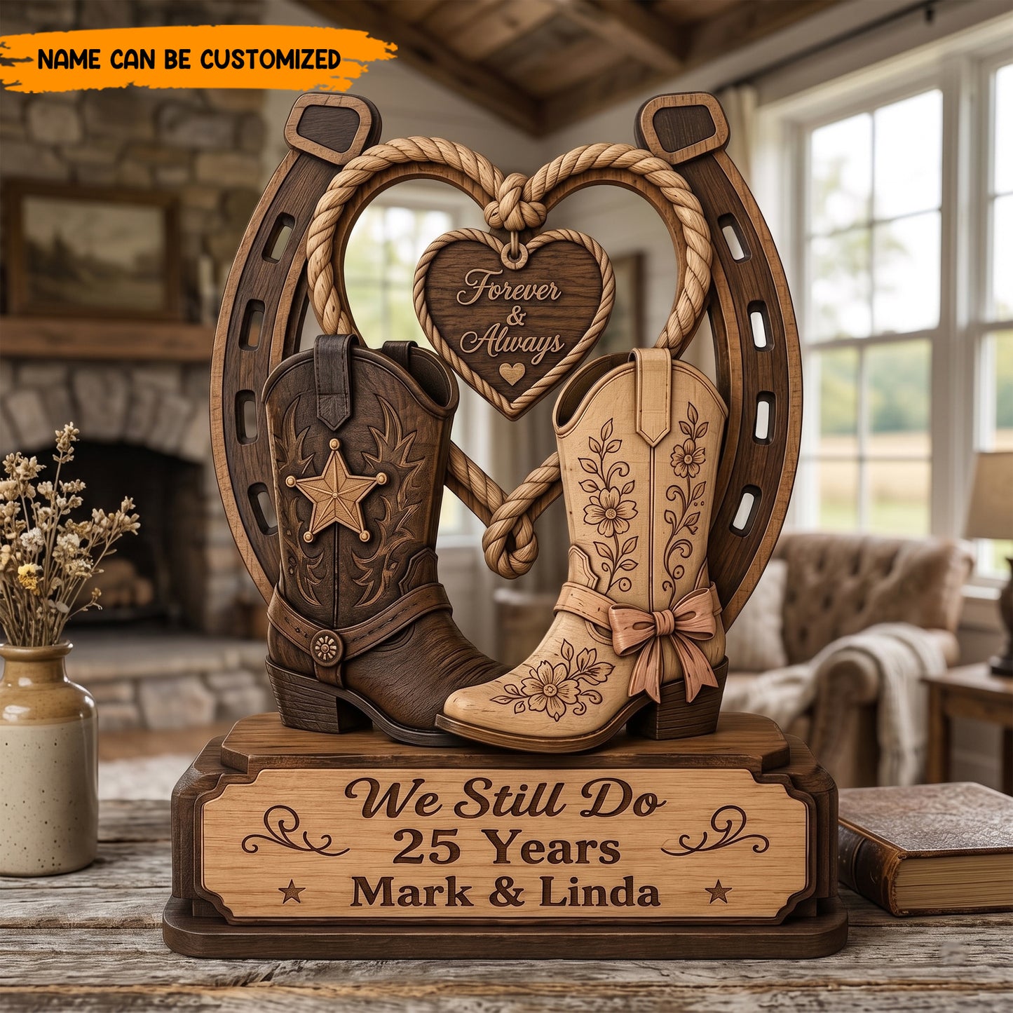 Personalized Western Cowboy Boots & Horseshoe Wooden Block - Forever & Always Anniversary Gift